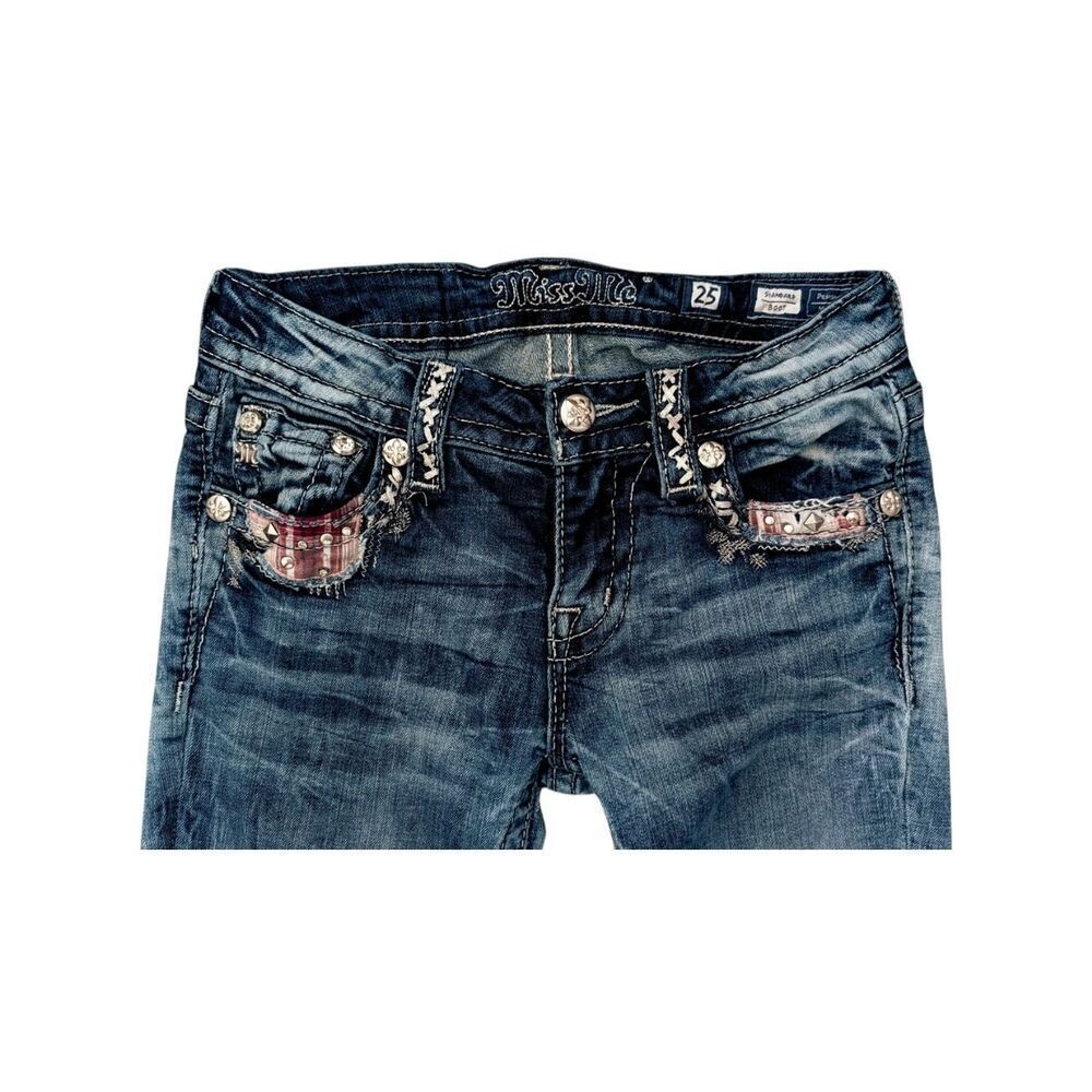 Miss Me Standard Boot Side Slit Embellished Jeans 25 Plaid Distressed Y2K Medium - Picture 6 of 11